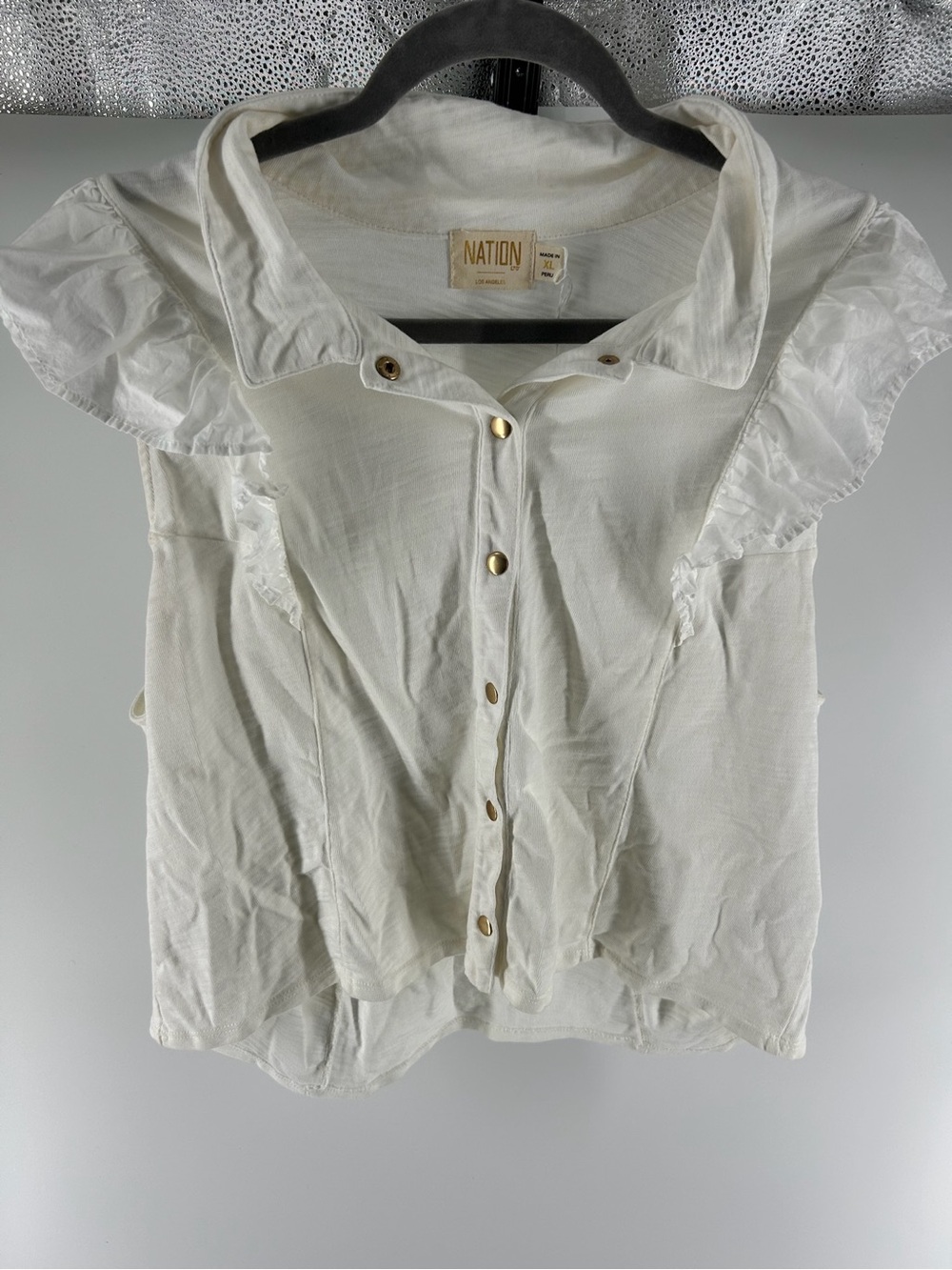 Nation White Ruffle Sleeve Button-Front Top
